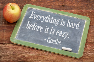 Everything is hard before it is easy - Goethe quote on a slate blackboard against red barn wood